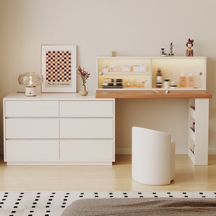 实木梳妆台斗柜一体奶油风卧室2025新款简约收纳柜床尾伸缩化妆桌