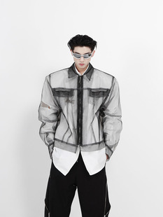CulturE小众网纱设计感夹克外套男明线解构衬衫 高级朋克炸街长袖