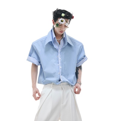 小清新撞色拼接假两件抗皱衬衣