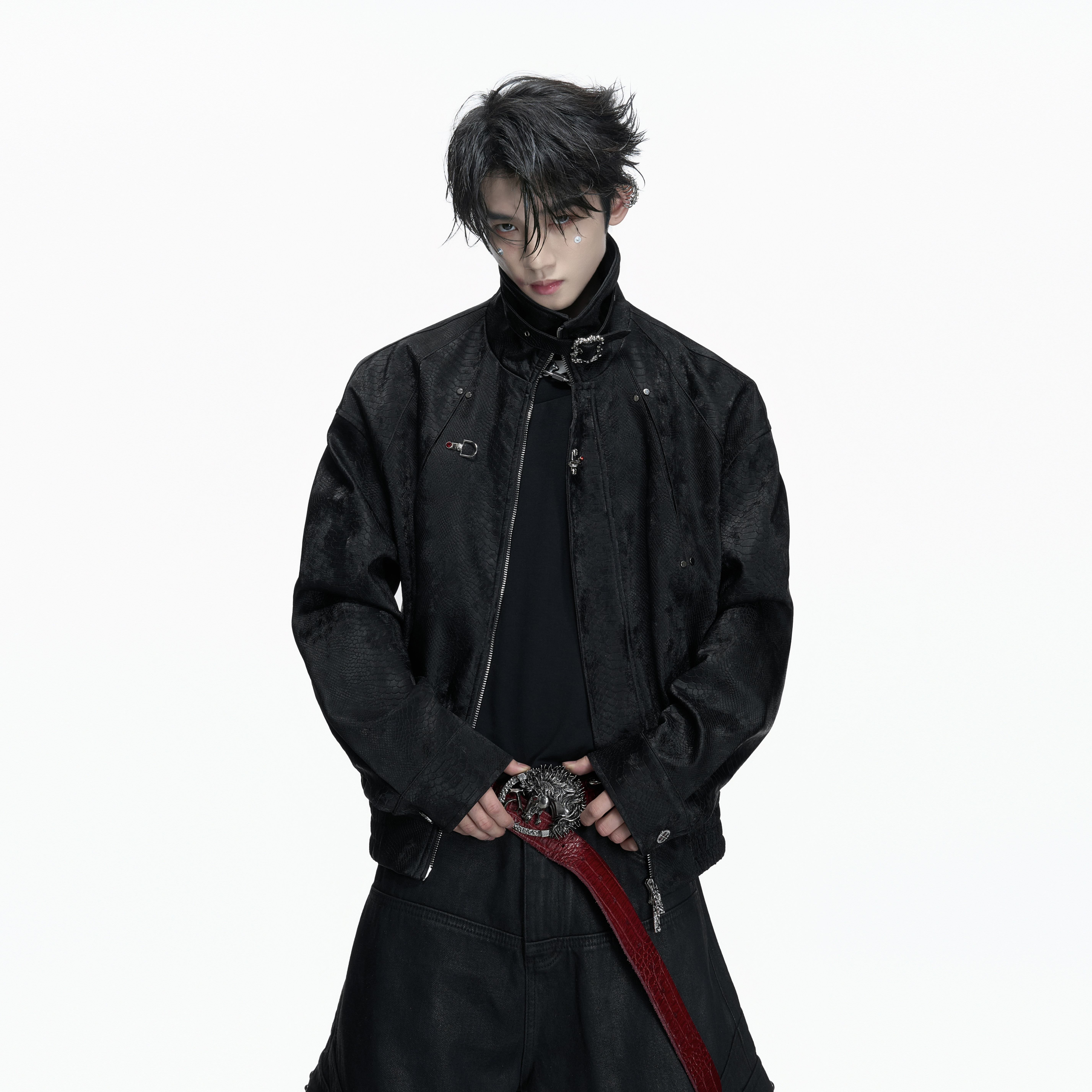 ArguE CulturE 凶棘*蟒蛇纹分割飞机扣皮夹克翻领柔韧垂坠感外套