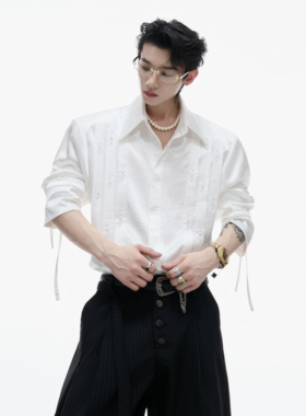 ArguE CulturE月影*小众亮丝飘带珍珠点缀衬衫立体褶皱设计感衫衣