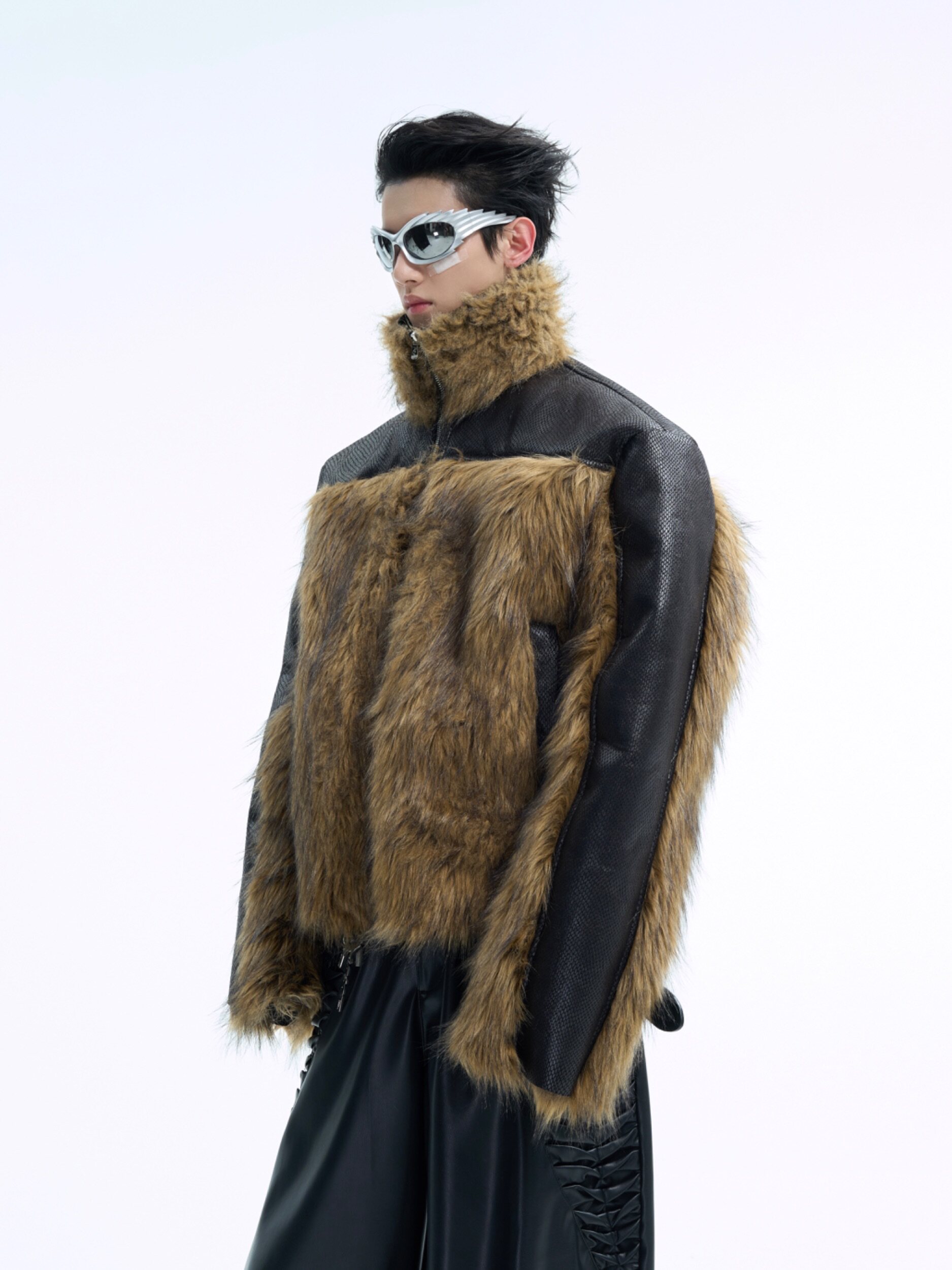 ARGUE HEAVY INDUSTRIES DECONSTRUCTED SERPENTINE LEATHER STITCHING MINK FUR COAT NICHE THREE-DIMENSIONAL THICKENED CROPPED JACKET MEN