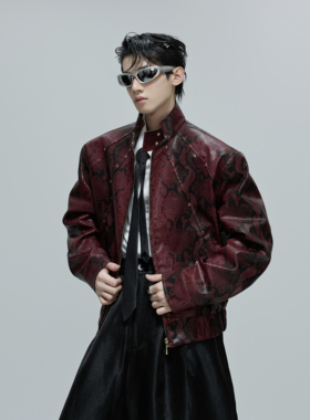 ArguE CulturE小众血蟒蛇纹理感皮衣宝石点缀立领短款夹克外套秋