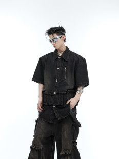 上衣夏 牛仔外套手绘涂刷设计感衬衫 CulturE 复古做旧短袖