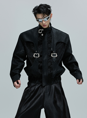 ArguE CulturE蛇纹鳞片短款夹克立领马毛拼接金属扣设计皮衣外套