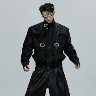 ArguE 夹克立领马毛拼接金属扣设计皮衣外套 CulturE蛇纹鳞片短款