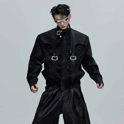 ArguE蛇纹鳞片短款夹克皮衣