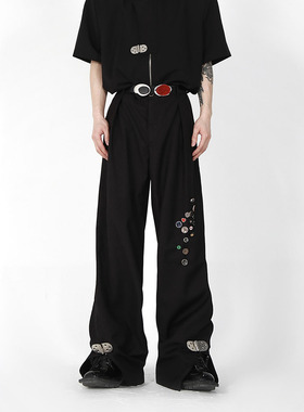 CulturE 小众金属纽扣设计垂感宽松直筒裤开叉拖地裤简约休闲西裤