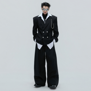 ArguE CulturE权力*细闪条纹收腰真两件西装外套高级垫肩西服套装