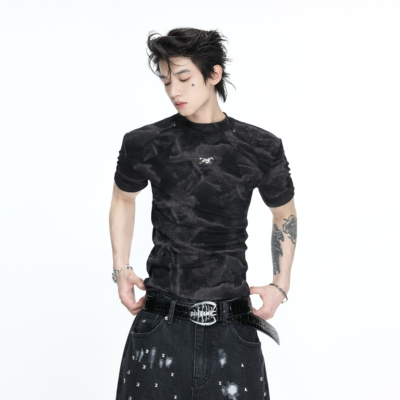 小众圆领铆钉晕染拼接T恤短袖