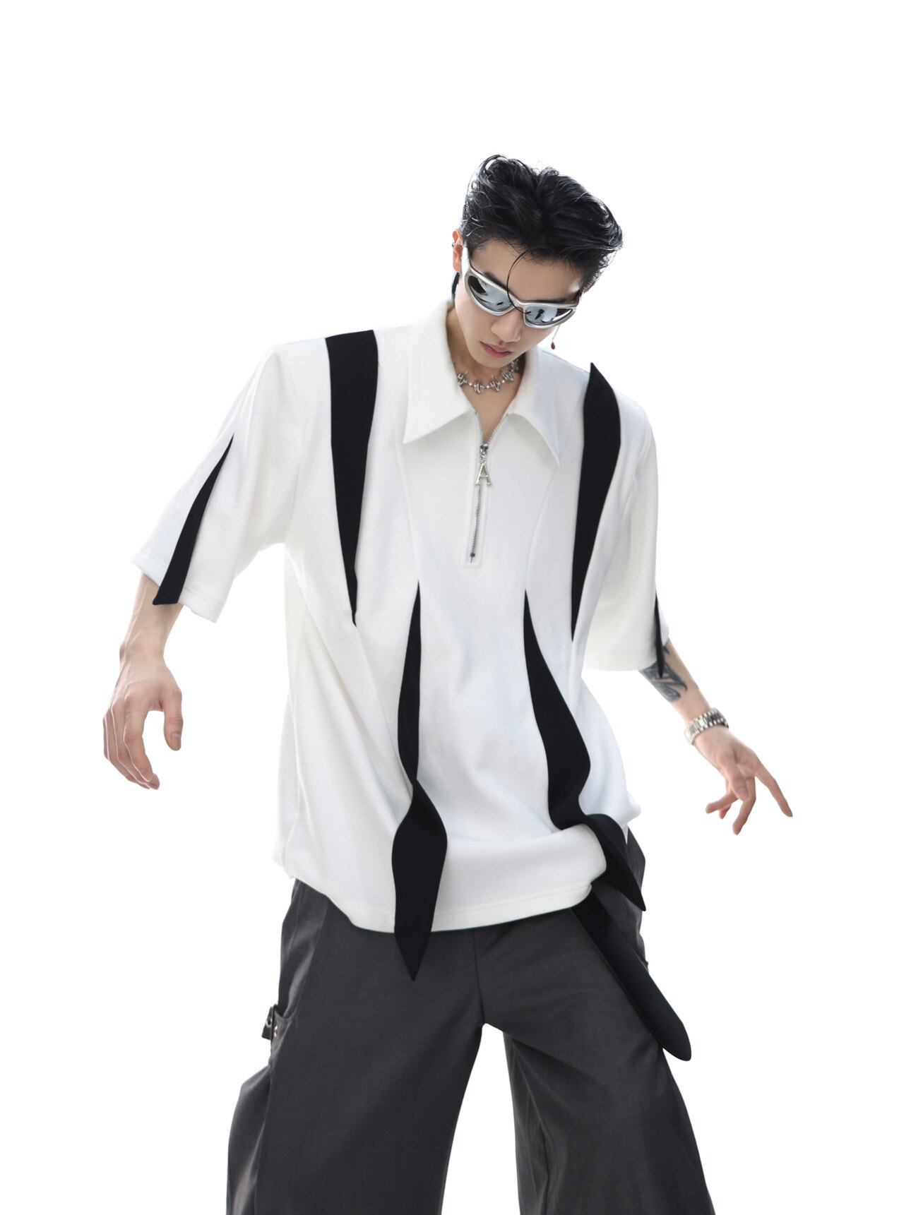 CulturE小众解构拼接垫肩POLO衫高级方领T恤金属拉链设计感半袖男