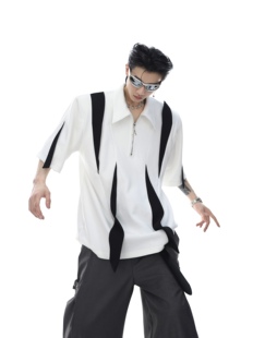 CulturE小众解构拼接垫肩POLO衫 男 高级方领T恤金属拉链设计感半袖