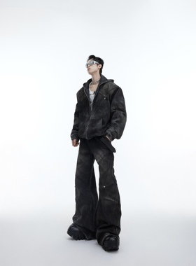 CulturE小众重工解构做旧垫肩连帽牛仔外套套装金属点缀牛仔裤男