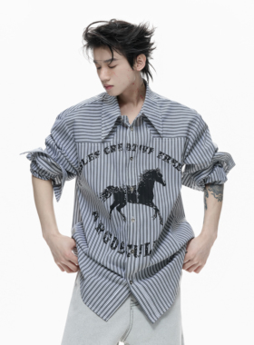 ArguE26ss*叛逃小众铆钉烫钻设计感条纹衬衫宽松翻领轻亚宽松上衣