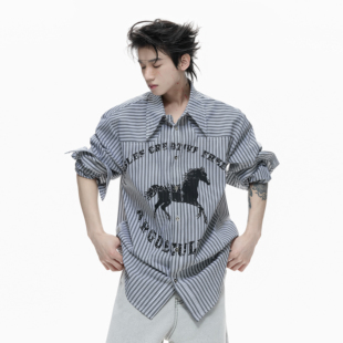 ArguE26ss 宽松翻领轻亚宽松上衣 叛逃小众铆钉烫钻设计感条纹衬衫