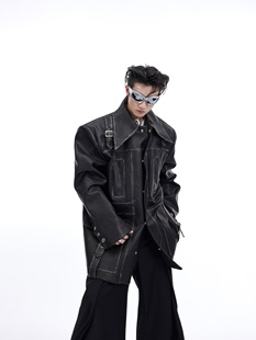 CulturE小众复古做旧廓形皮衣重工立体骨线设计感红色夹克外套男