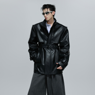 ArguE CulturE重磅解构垫肩廓形中长款皮衣外套细闪烫钻设计大衣