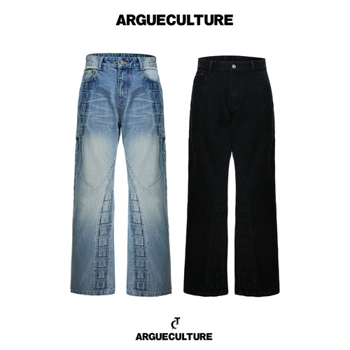 ArguECulturE剑痕*重磅解构脊骨压痕纹猫须水洗浅蓝色直筒牛仔裤
