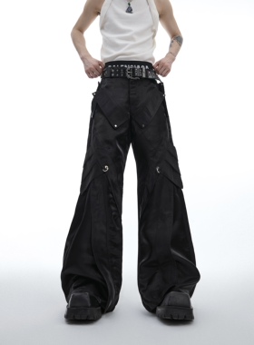 CulturE24ss小众未来感液态亮面解构皮裤金属搭扣微喇叭休闲裤潮