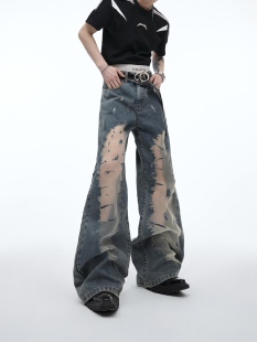 CulturE重磅小众镂空破坏肌理设计感微喇牛仔裤复古渐变休闲长裤