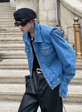 CulturE23ss复古压褶设计感垫肩牛仔外套宽松小众短款夹克男高级