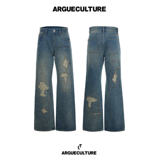 ArguECulturE割特*手缝针贴布重磅水洗破洞铆钉牛仔裤复古直筒裤