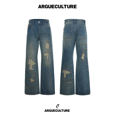 Argue重磅水洗破洞直筒牛仔裤