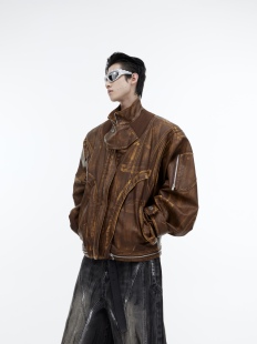 CulturE小众复古废土做旧皮衣外套解构金属设计感棕色机车服夹克