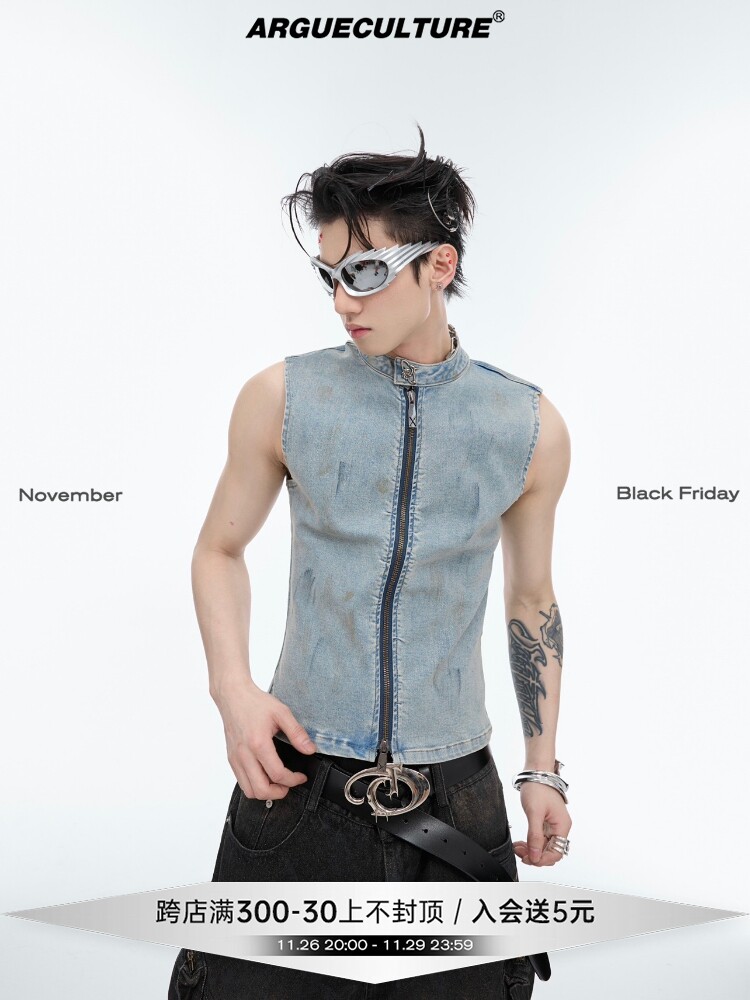 ARGUECULTURE24SS 여름 헤비 레트로 디스트레스드 데님 조끼 조끼 슬림 민소매 조끼 탑