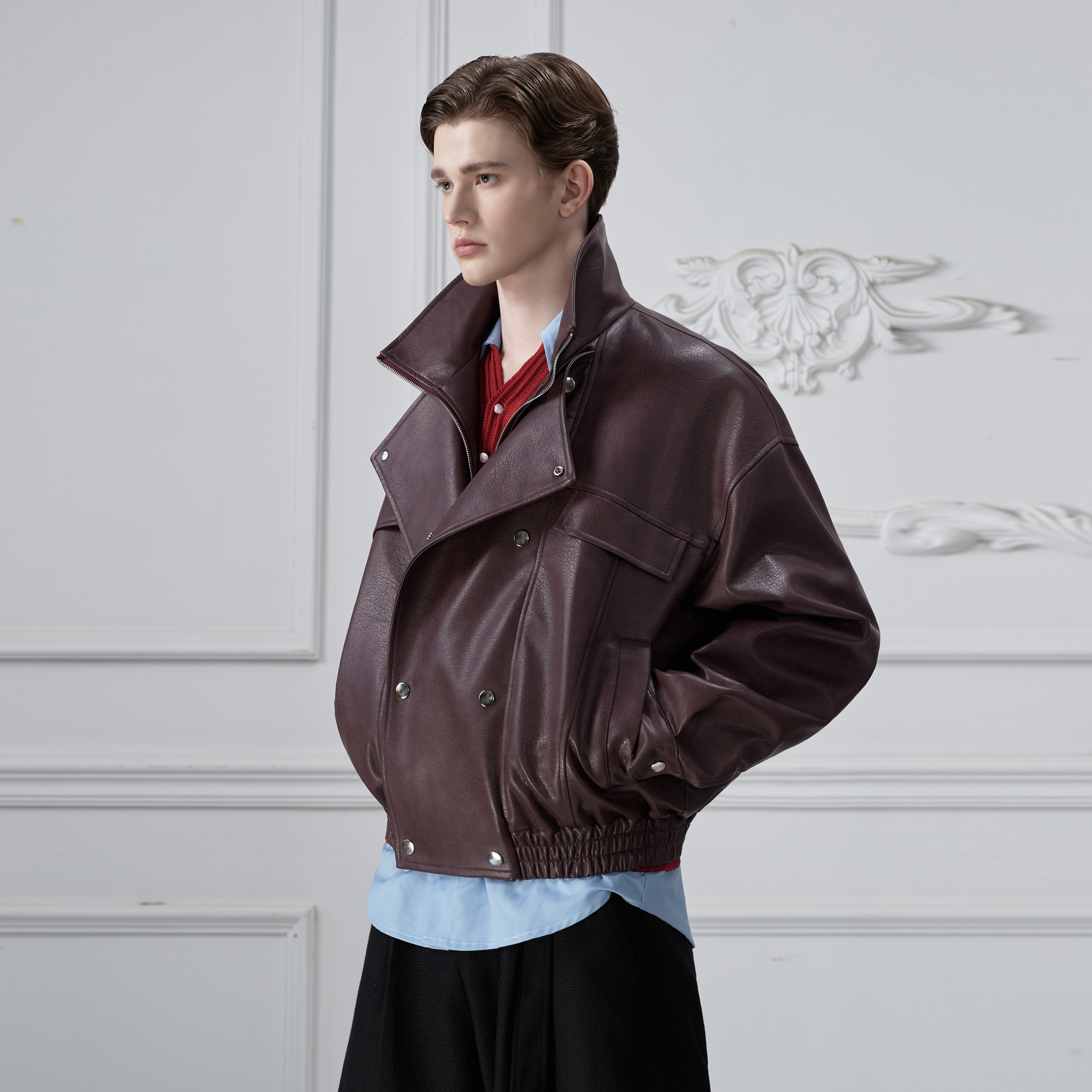 小众解构假两件设计感短款皮衣