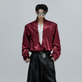 ArguE 衣 弧形缎面贵气衫 CulturE假两件V领蕾丝拼接衬衫 宽松短款