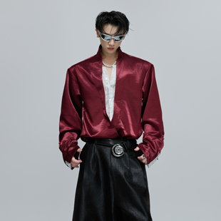 ArguE CulturE假两件V领蕾丝拼接衬衫宽松短款弧形缎面贵气衫衣