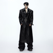 ArguECulturE小众解构鳄鱼纹宽肩皮大衣金属设计收腰过膝长款 风衣