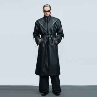ArguE CulturE原创重磅解构立领廓形皮大衣收腰铜币扣过膝风衣冬