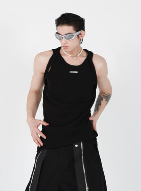 CulturE夏季原创双层肩带设计感打底背心黑色金属装饰无袖T恤上衣