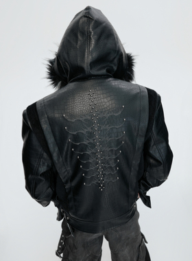 ArguECulturE煞影*马毛拼鳄鱼纹连帽座山雕加绒加厚棉服夹克外套