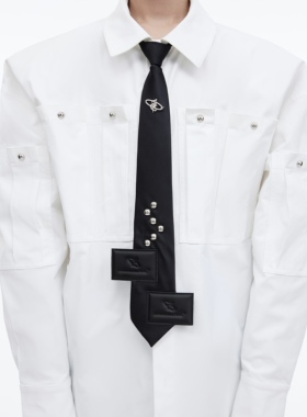 CulturE小众金属logo皮牌设计感领带黑色免手打可调节高级感装饰