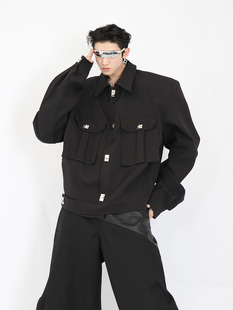 Culture小众设计感金属纽扣短款 垫肩夹克外套男高级大口袋上衣