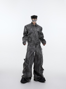 CulturE小众复古做旧牛仔套装夹克外套废土重磅拉链大口袋工装裤