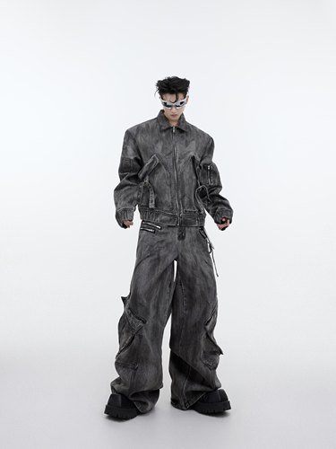 牛仔套装垫肩夹克做旧复古外套