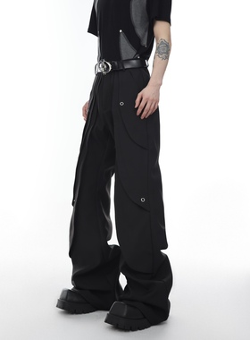 CulturE小众手工分割解构修身微喇叭西裤重磅休闲裤黑色高腰长裤