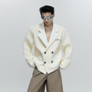 ArguE 外套 CulturE小众细闪亮片西服毛衣纹理感深V双排扣针织衫