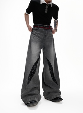 ArguE CulturE裂变*暗夜灰调水洗牛仔裤做旧流光闪片休闲直筒裤男