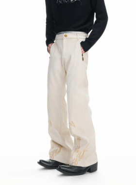 ArguE CulturE刺咒*荊棘骨纹图腾刺绣直筒裤微喇金属拉链长裤男