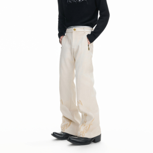 ArguE CulturE刺咒*荊棘骨纹图腾刺绣直筒裤微喇金属拉链长裤男