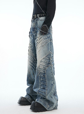 ArguE CulturE 重磅双侧褶皱设计感牛仔裤男复古水洗宽松阔腿裤男