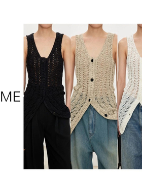 NEME 2025 新款镂空针织粗织无袖中长款棉纱V领修身/马甲背心开衫