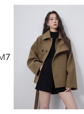 NEM7 短款不对称大衣秋冬高领系带包裹感复古羊毛翻领短外套女