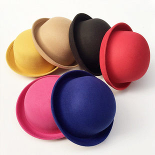 帽子韩国潮秋冬天圆顶卷边小礼帽女毛呢毛毡帽英伦男女童百搭圆帽