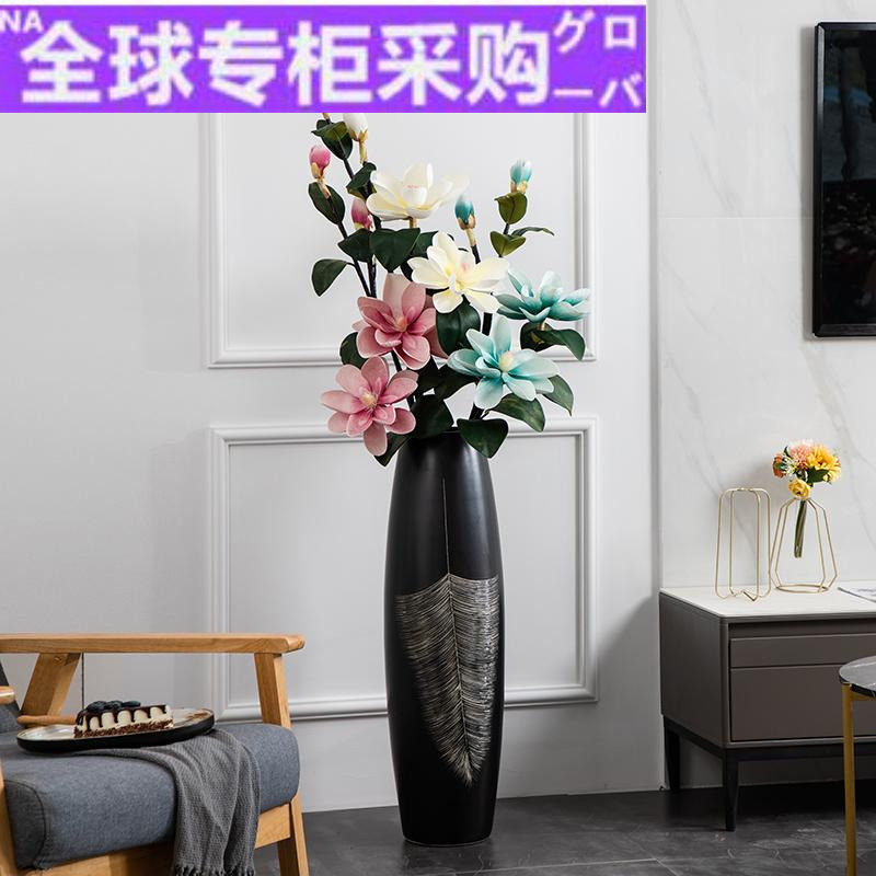 日本hl落地花瓶大号黑色手工陶瓷摆件现代简约客厅装饰欧式干花插